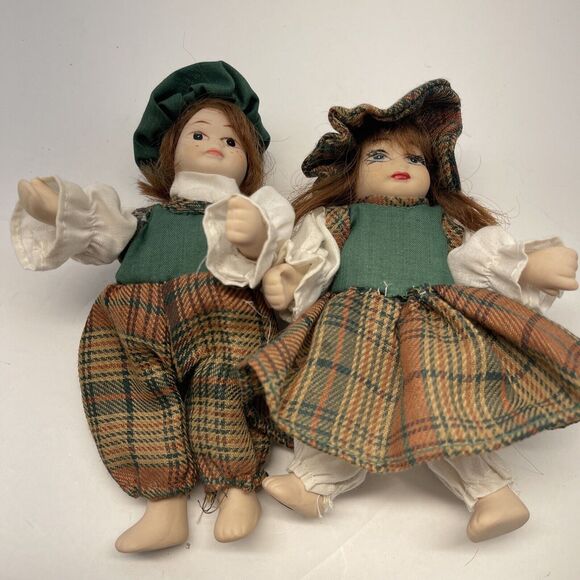 Vintage 6” Mini Porcelain Dolls Posable Plaid Outfit Couple Hand Painted B#3 - Picture 9 of 12
